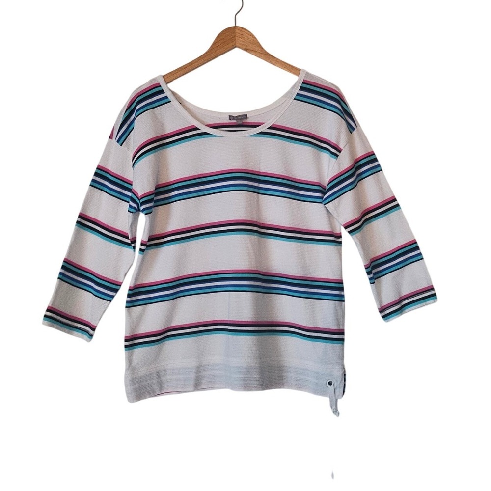 T by Talbots White Stripe Elbow Sleeve Cotton Top Size‎ L Coastal Preppy